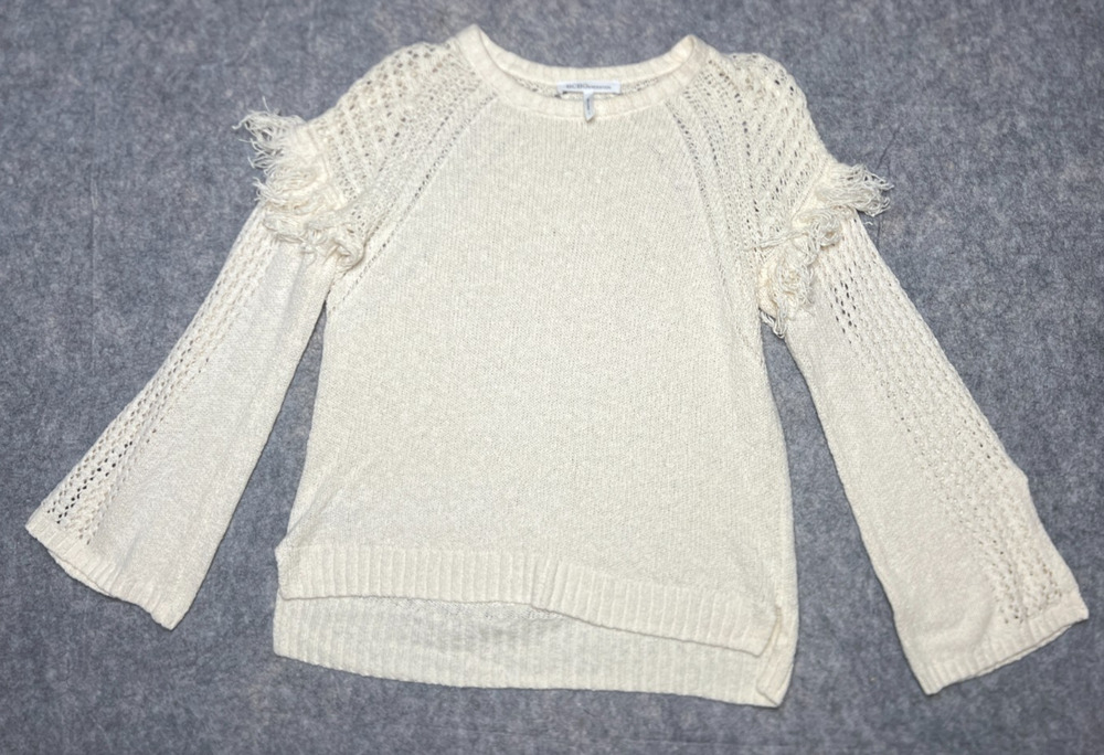 BCBGeneration Sweater Womens Large Ivory Open Knit Fringe Sleeve Pullover Boho